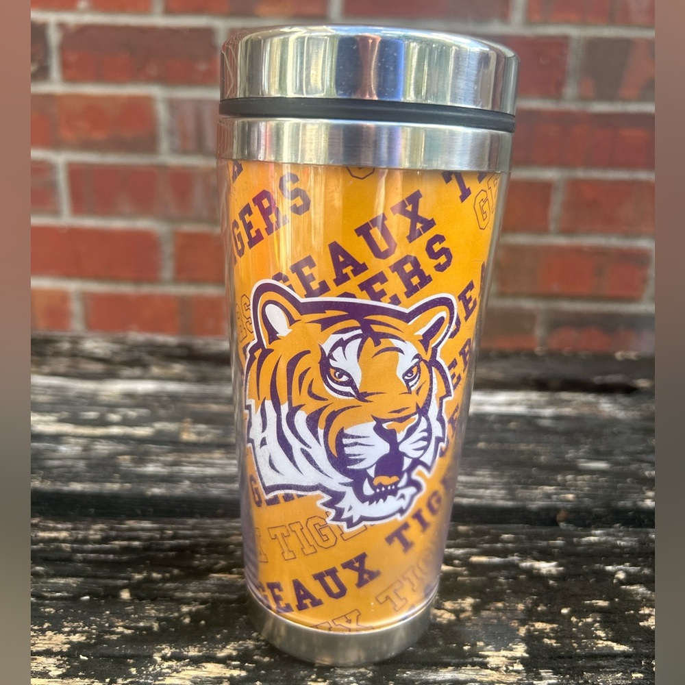 Vintage LSU Tigers Geaux Tigers Tumbler Travel Mug w/ Logo & Lid Louisiana G8